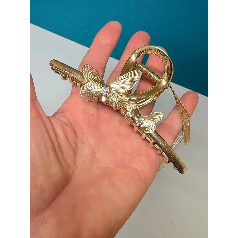 Gold Butterfly Hair Claw Clip Teal Enamel Rhinestone Dangle Tassel